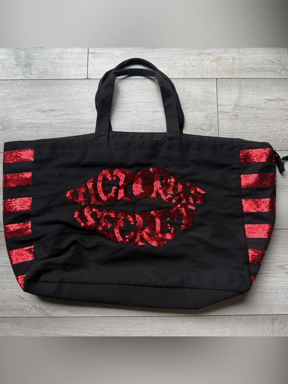 Victoria's Secret Black Tote with Red Sequin Lip Logo